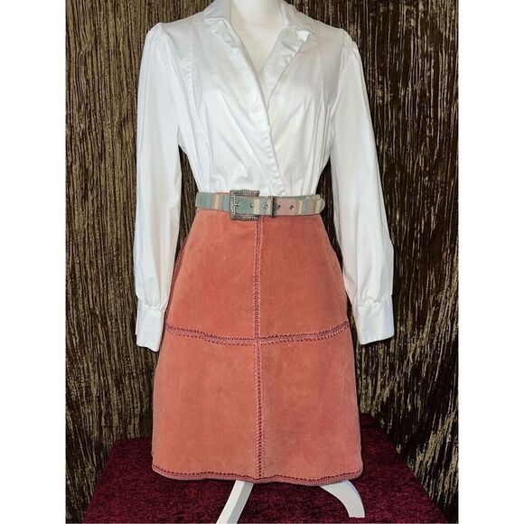VTG Vintage Pink Suede MIDI Skirt Crochet 16 - Picture 1 of 6